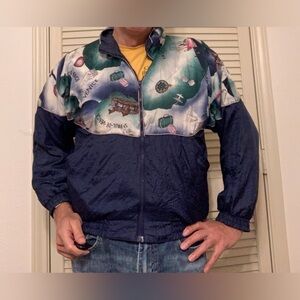 WOMENS VINTAGE BLUE POLY WINDBREAKER JACKET 80S GRANNY MOM COTTAGE VEGAS CORE